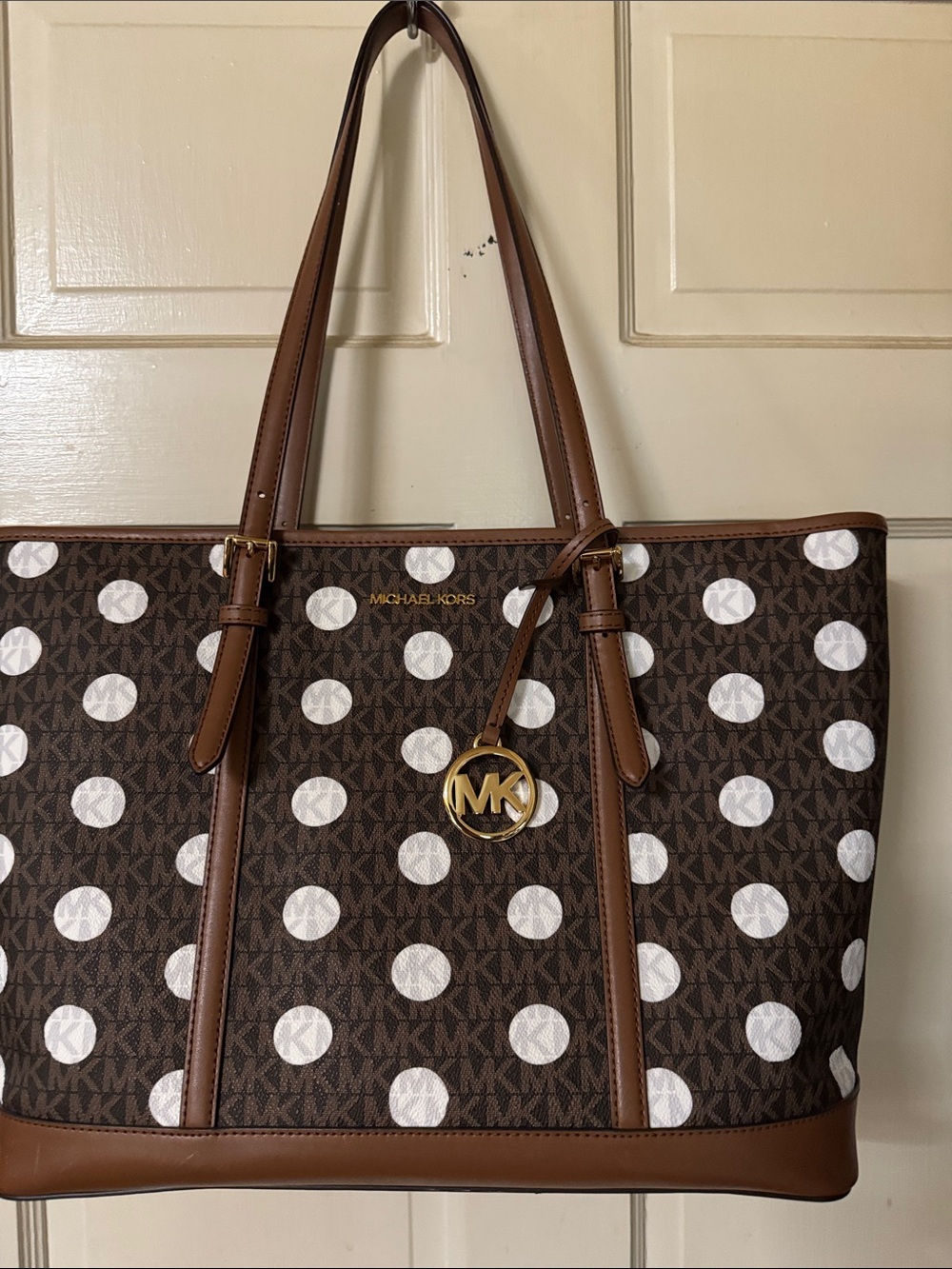 Michael Kors Brown and White Polka Dot Jet Set Tote